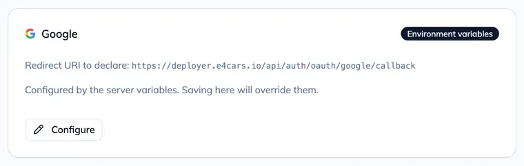 The Google card, with the redirect URI and the Client ID and Client secret fields