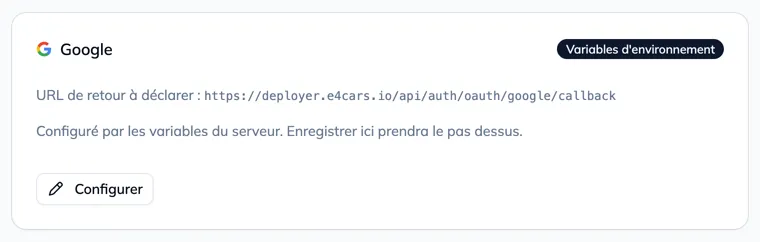 La carte Google, avec l'URL de retour et les champs Identifiant client et Secret client