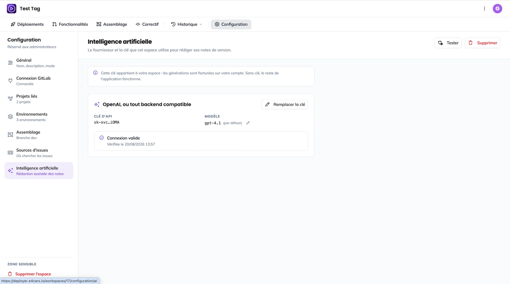 La section Intelligence artificielle : le fournisseur, l'aperçu de la clé, le modèle, et l'état Connexion valide