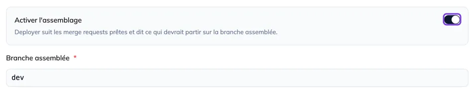 L'interrupteur du module et le champ du nom de branche