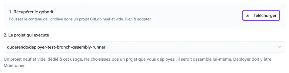 Le sélecteur du projet orchestrateur et le bouton de téléchargement du gabarit