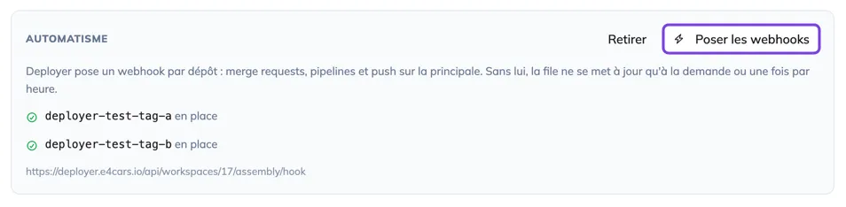 L'état des webhooks projet par projet et le bouton d'installation