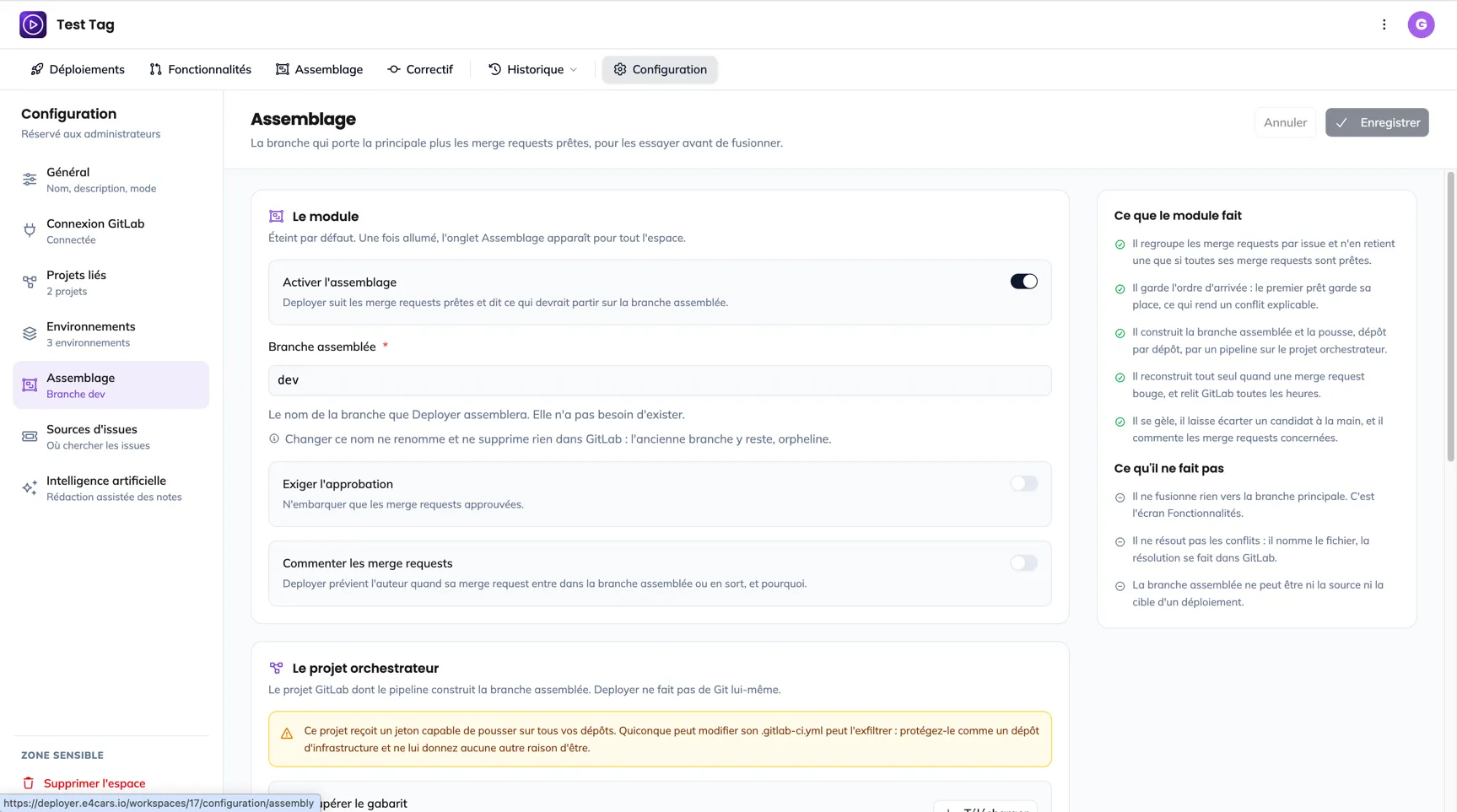 La section Assemblage de la configuration : l'activation, le nom de la branche, le projet orchestrateur, le jeton, les webhooks