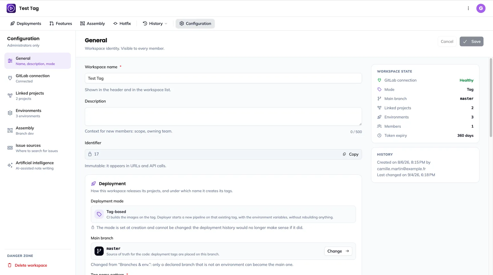The Configuration screen: the sidebar with the five sections on the left, the General section open on the right