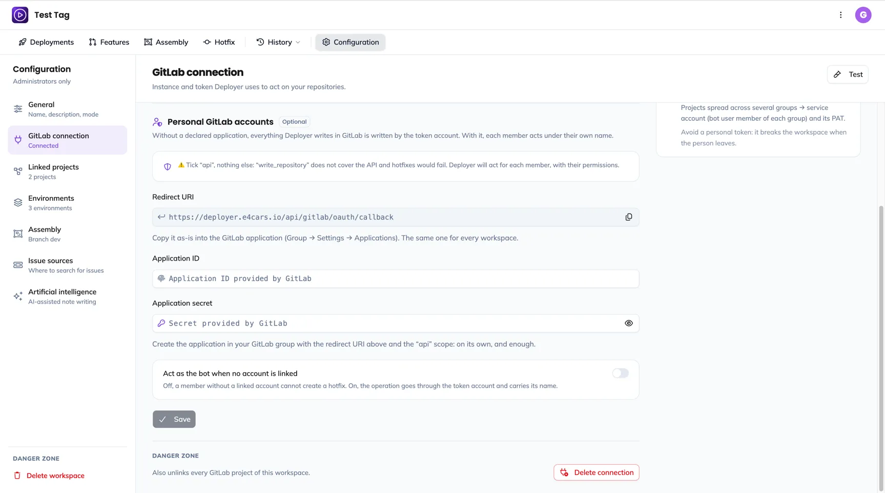 The bottom of the Personal GitLab accounts block: the application ID and secret, the bot fallback switch, and the danger zone with Delete connection