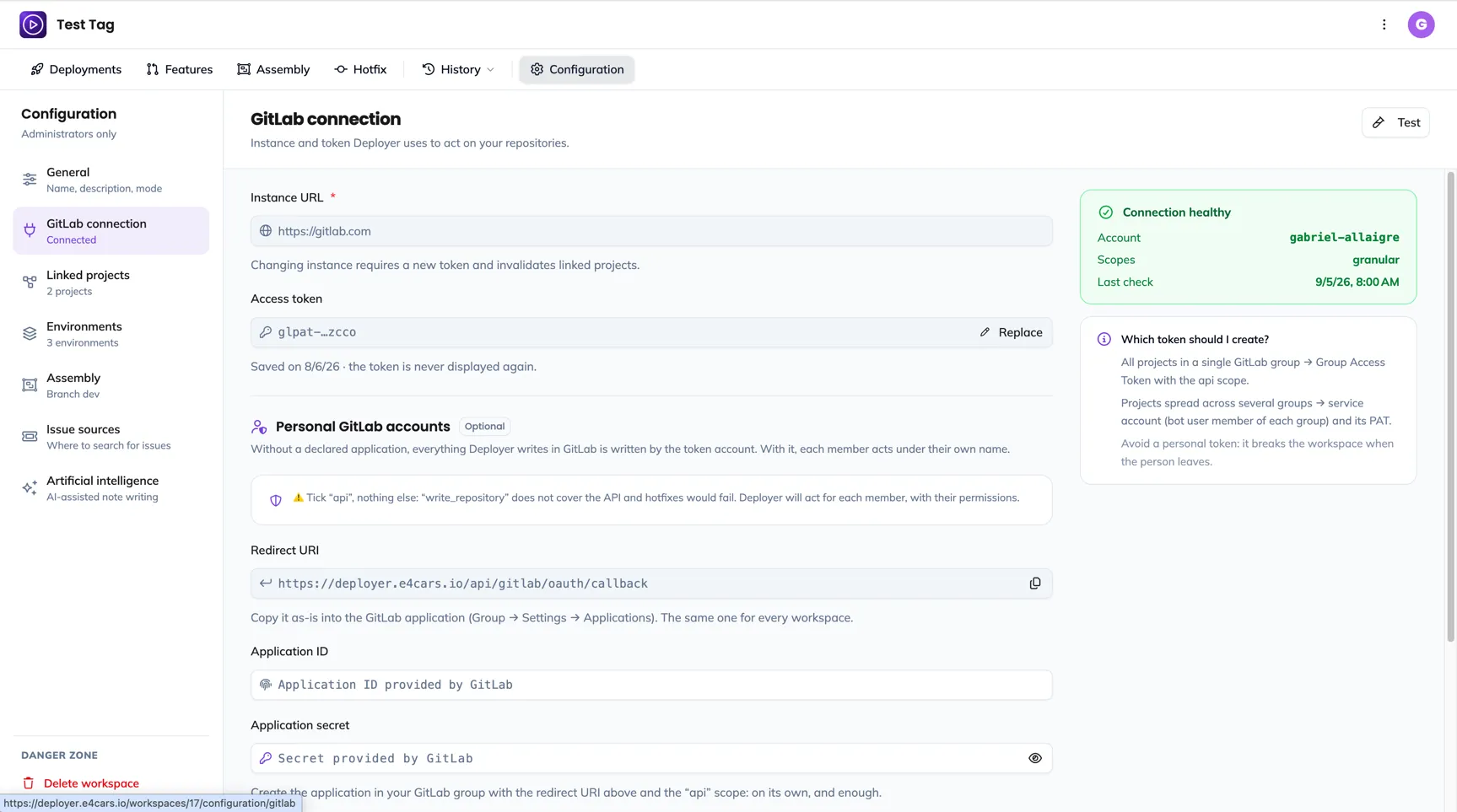 The GitLab connection section: the locked token with its prefix, the optional OAuth application below, the connection state on the right