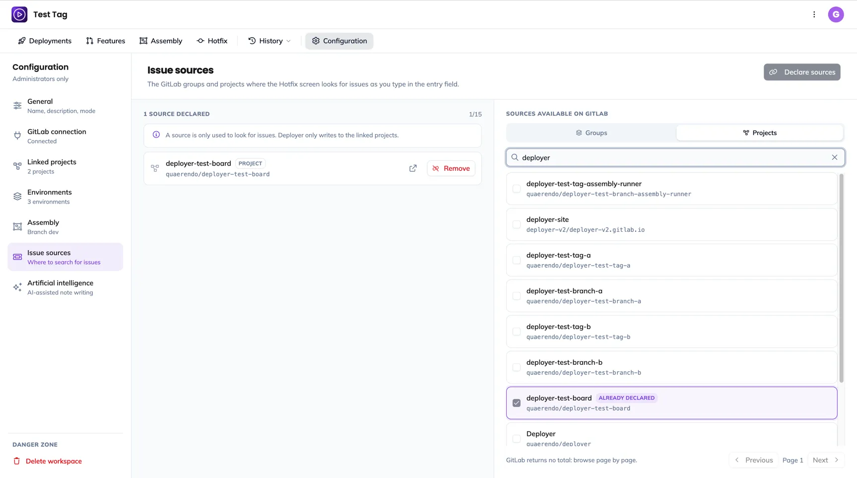 The Issue sources section: the declared sources on the left, the groups available on GitLab on the right