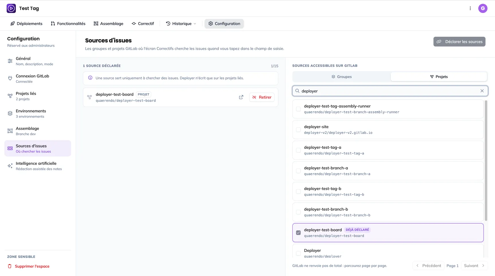 La section Sources d'issues : les sources déclarées à gauche, les groupes disponibles sur GitLab à droite