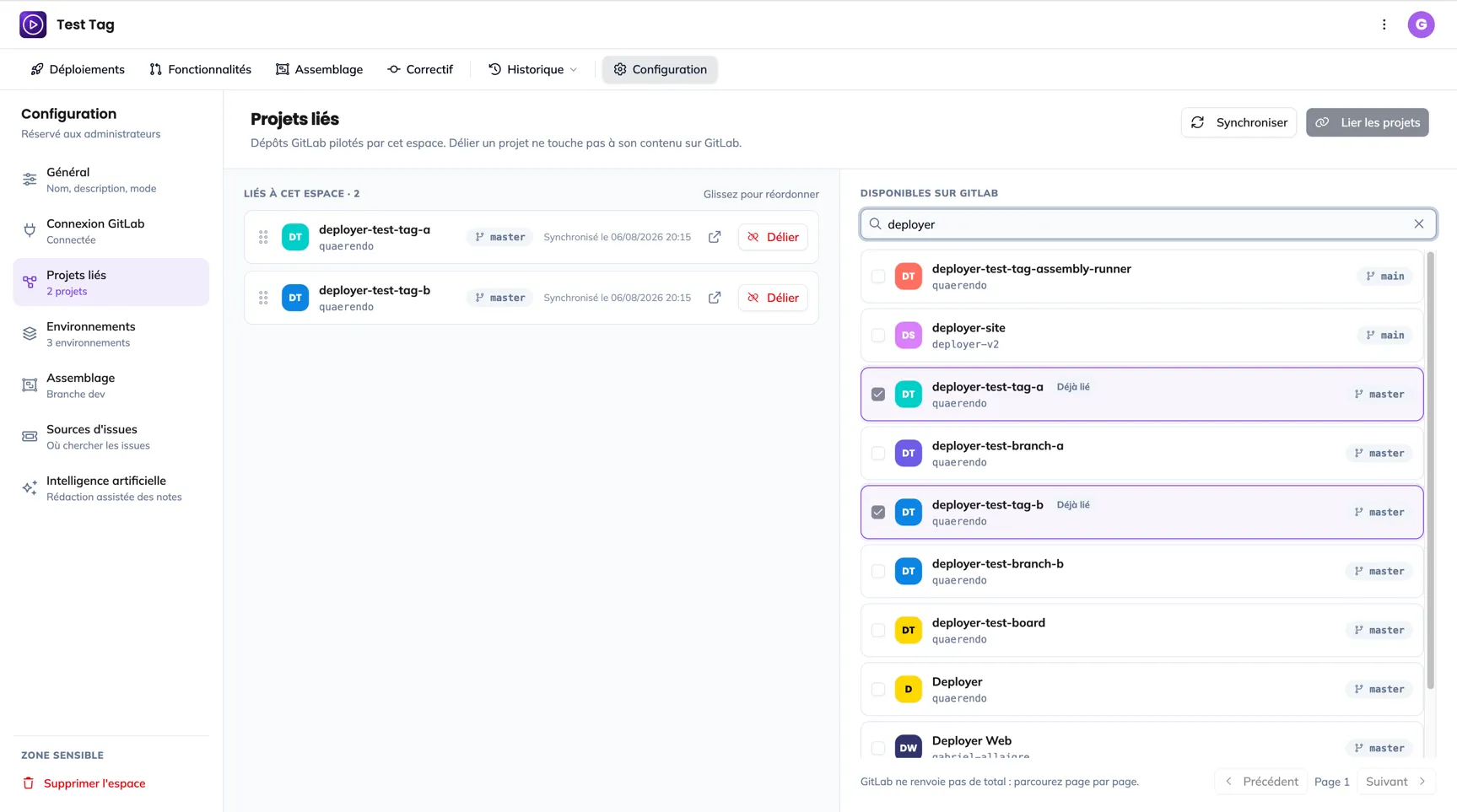 La section Projets liés : les projets rattachés à gauche, le catalogue GitLab à droite