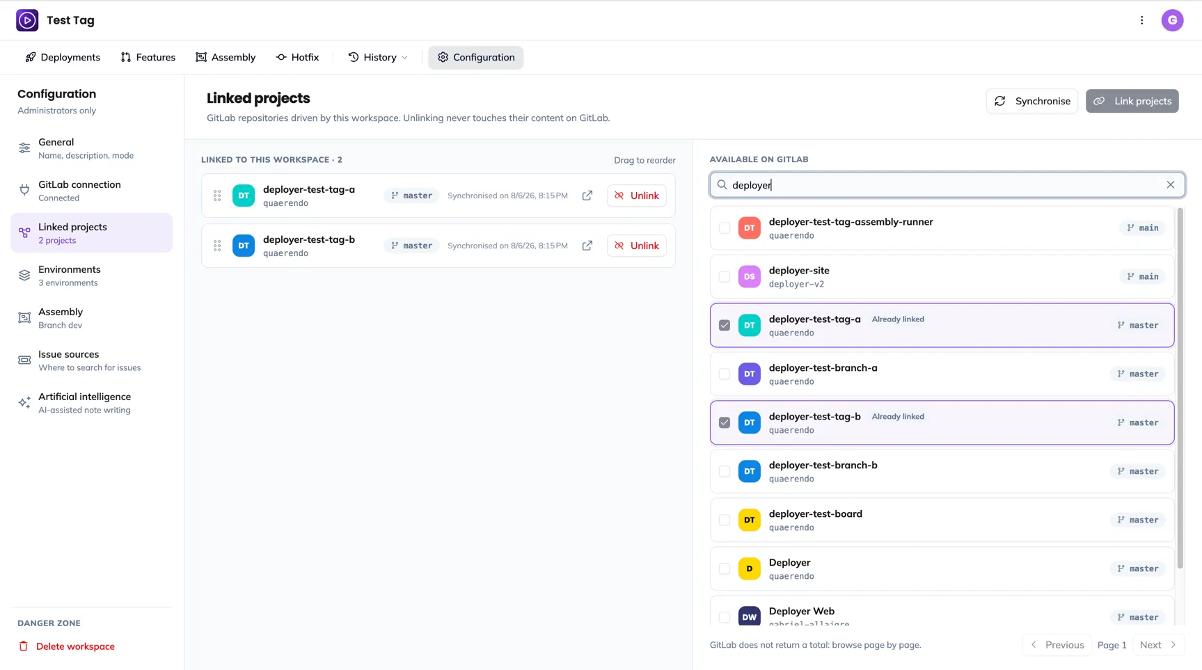 The Linked projects section: the attached projects on the left, the GitLab catalogue on the right
