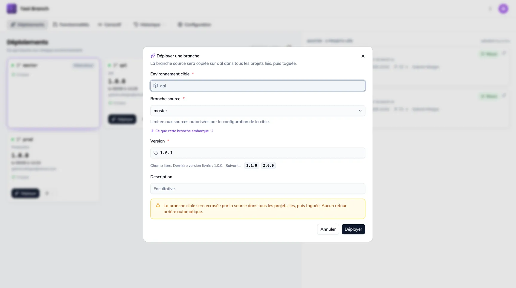 Le dialog Déployer une branche : environnement cible, branche source, version, description