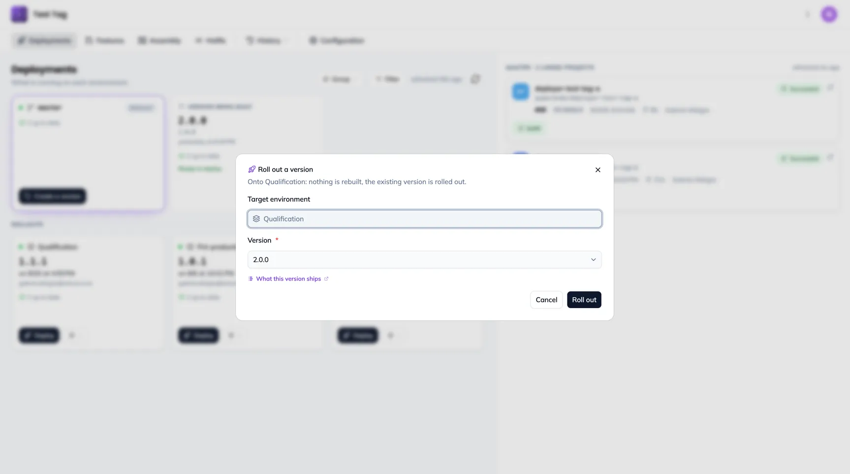 The Roll out a version dialog: the list of versions, the most recent deployable one preselected