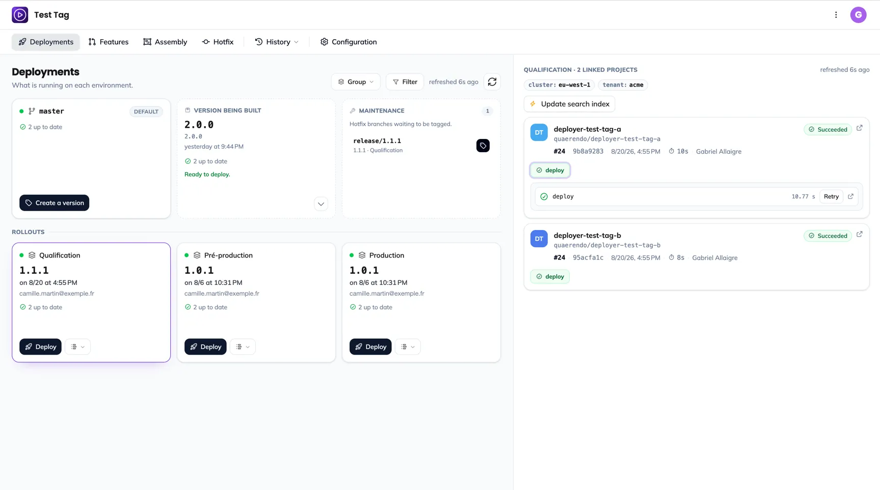 The detail panel of a target: the header with labels and actions, then one card per project with its pipeline stages