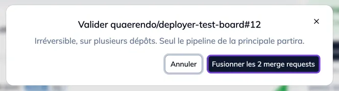 Le bouton Fusionner les merge requests vers la principale, et sa confirmation