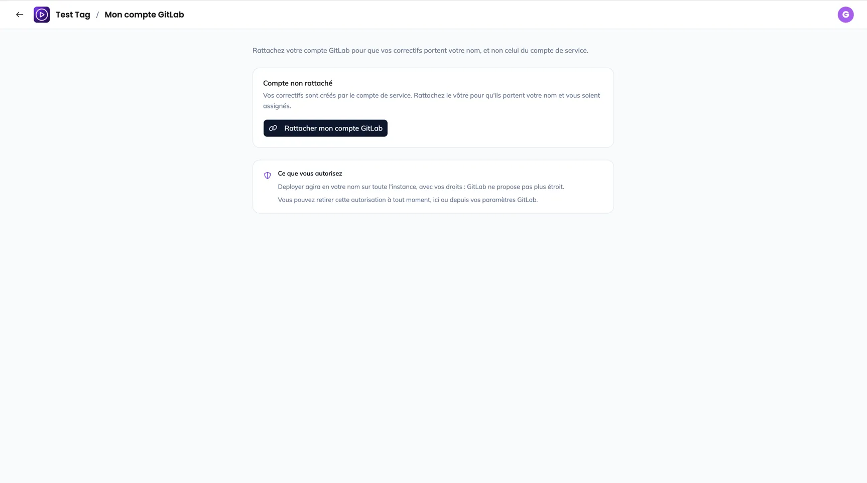 L'écran Mon compte GitLab : l'état du rattachement, le bouton Rattacher mon compte GitLab, et l'encart Ce que vous autorisez