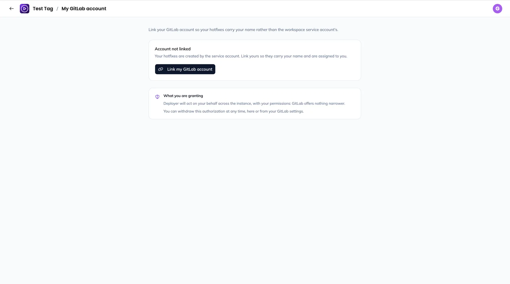 The My GitLab account screen: the link state, the Link my GitLab account button, and the What you are granting panel