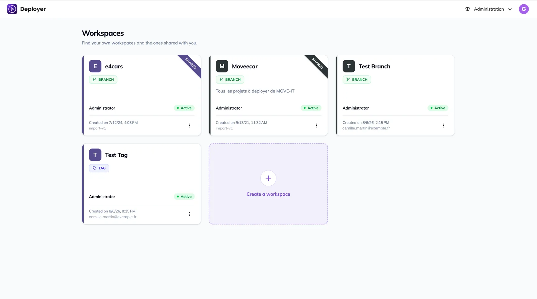 The home page, with the workspace cards and the dashed creation card