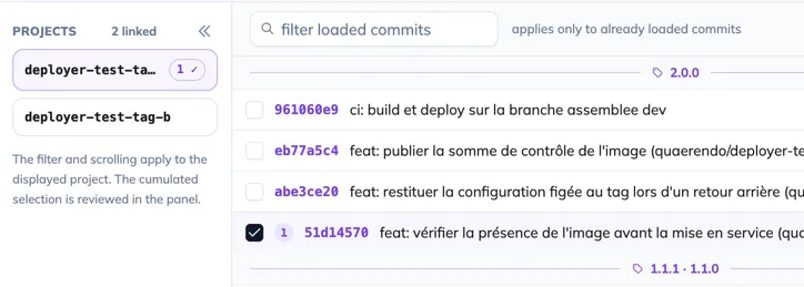 Manual selection: the project rail on the left, the active project’s history with its checkboxes