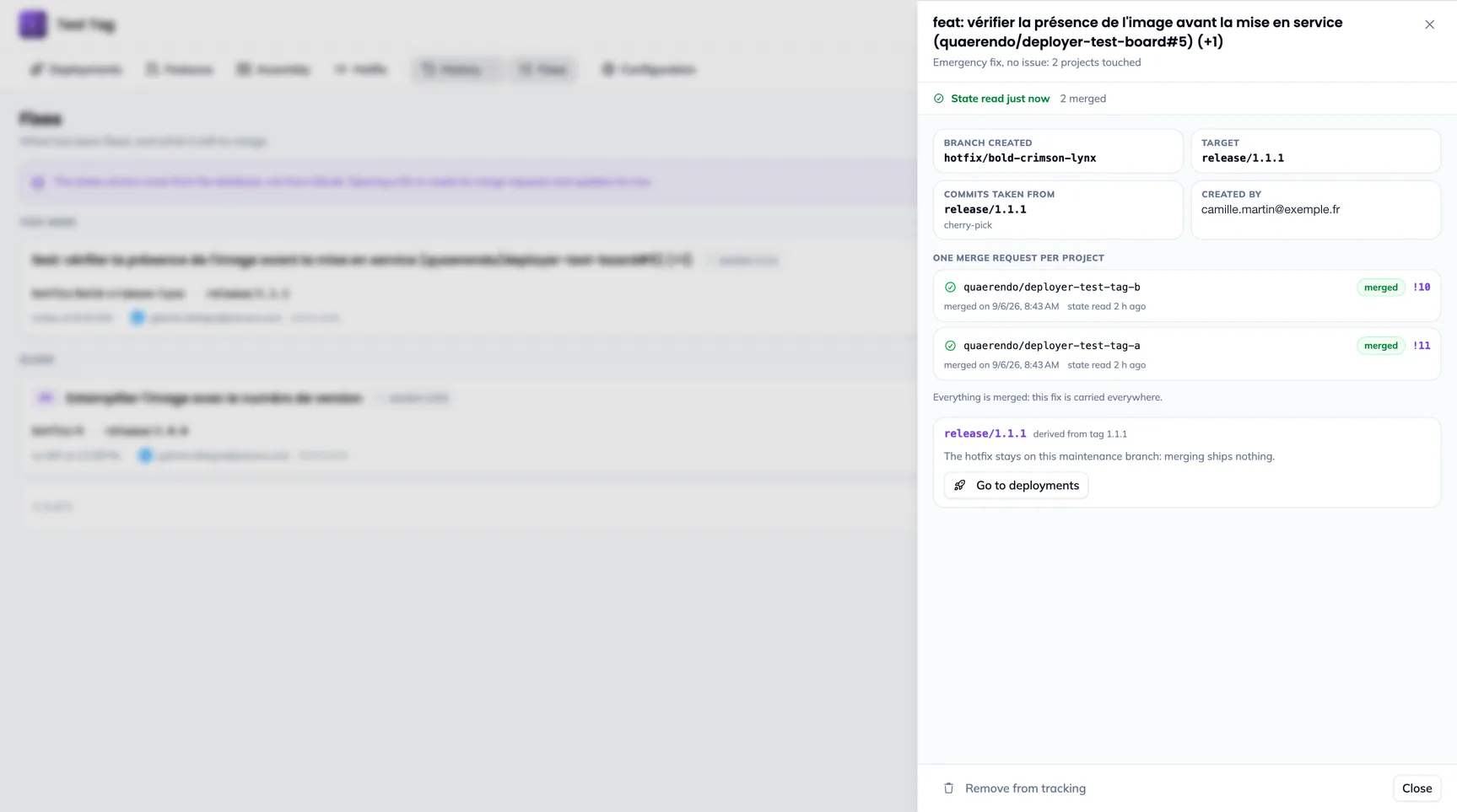 The tracking panel of a fix: the projects with their merge request, their state, and the Merge button
