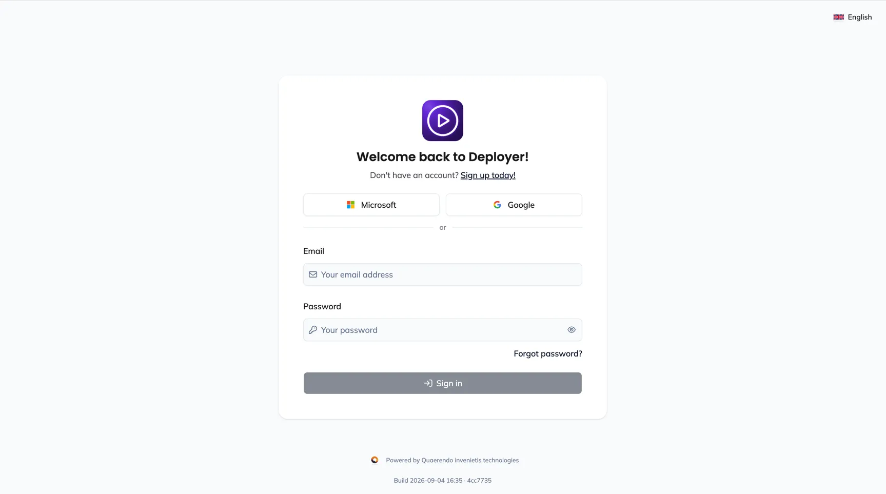 The Deployer sign-in screen, with the Microsoft and Google buttons above the form