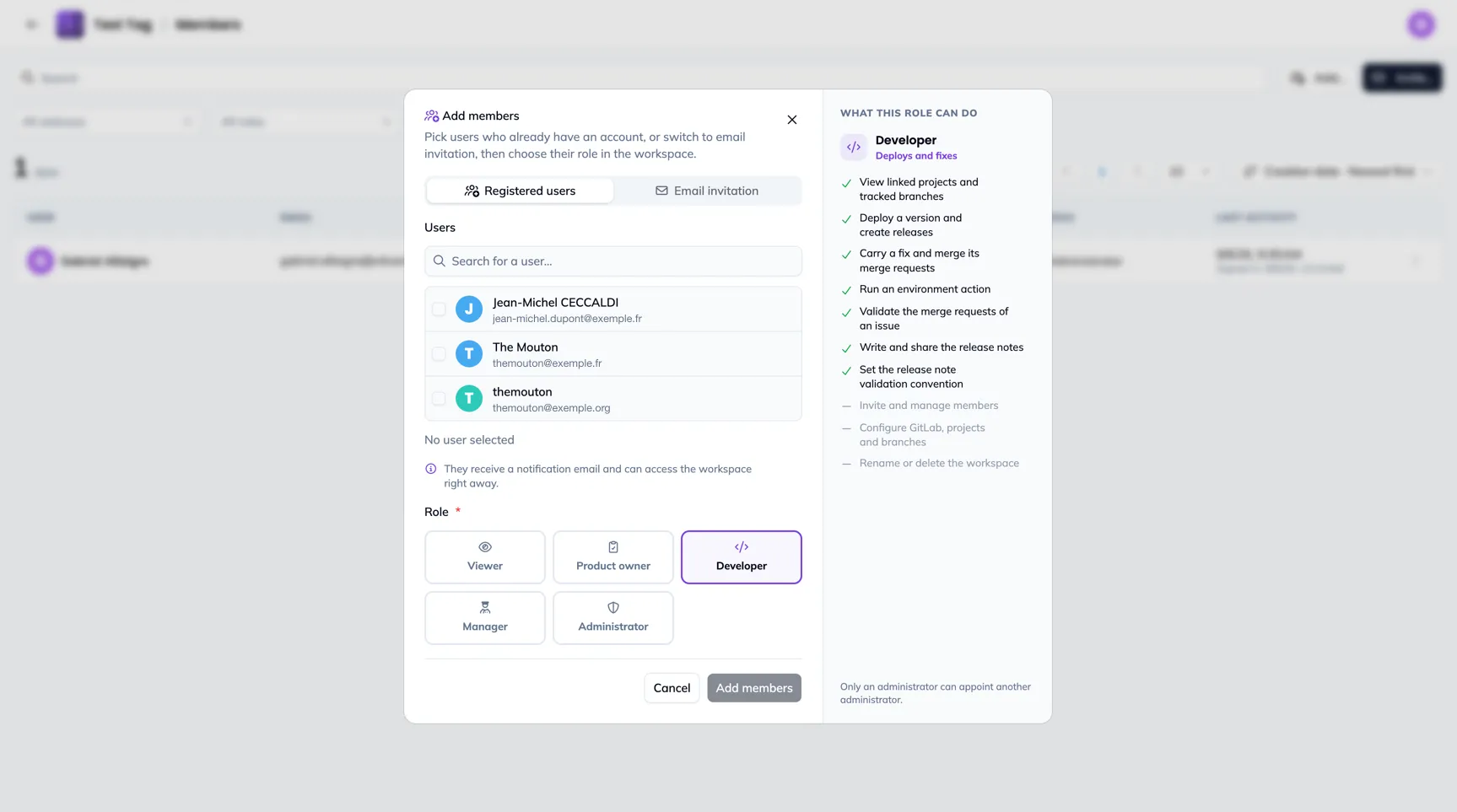 The Add members dialog: the Registered users tab with its checkable list, the role cards, and on the right what the selected role allows