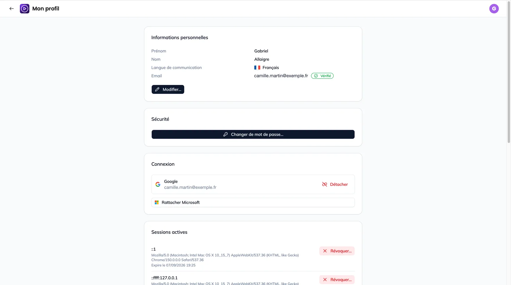 La page Mon profil, avec ses sections Informations personnelles, Sécurité, Connexion et Sessions actives