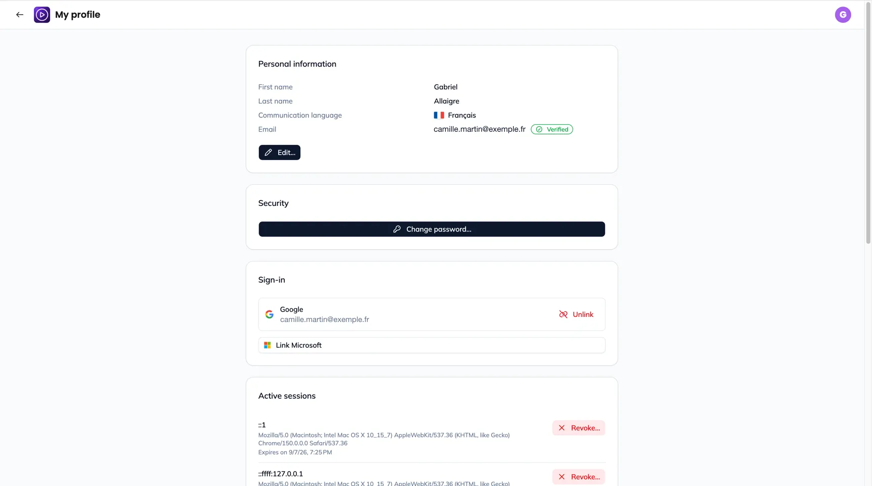 The My profile page, with its Personal information, Security, Sign-in and Active sessions sections