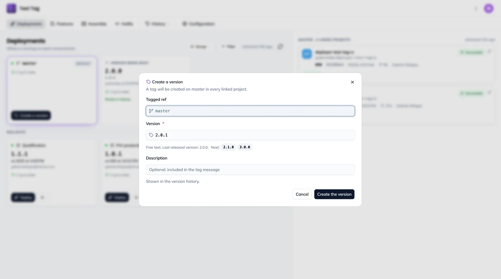 The Create a version dialog: the tagged ref, the suggested number and its next ones, the description