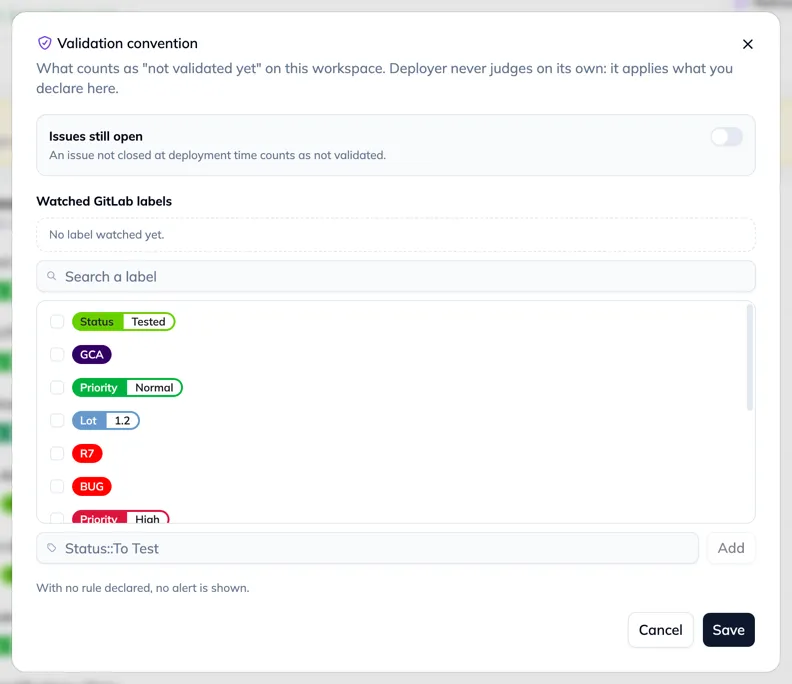 The Validation convention dialog: the watched labels as chips, the list of the notes’ labels, the switch for open issues