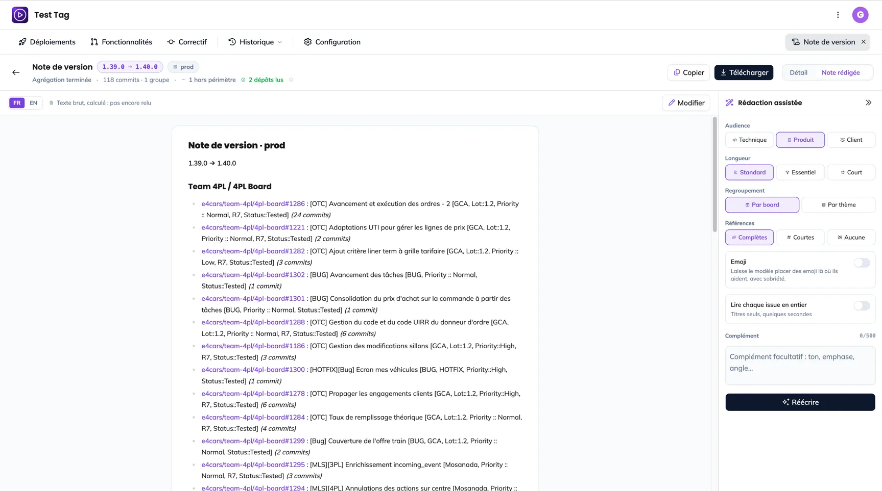 L'onglet Note rédigée : le document sur une page blanche, la barre de langue et d'état, la colonne de rédaction assistée à droite
