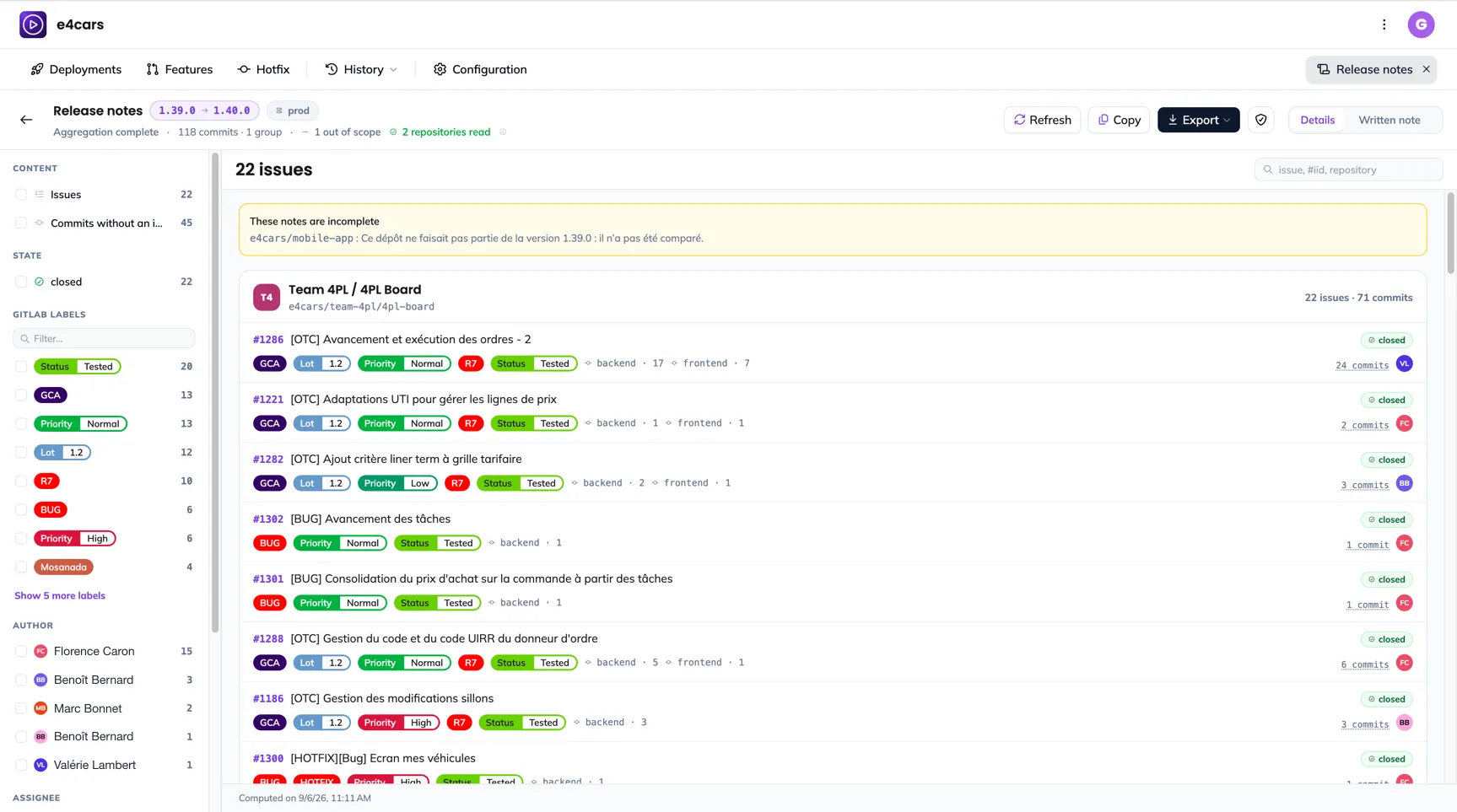 The Release notes screen: the facet rail on the left, the notes grouped by board and by issue in the centre, the header with the bounds and the exports