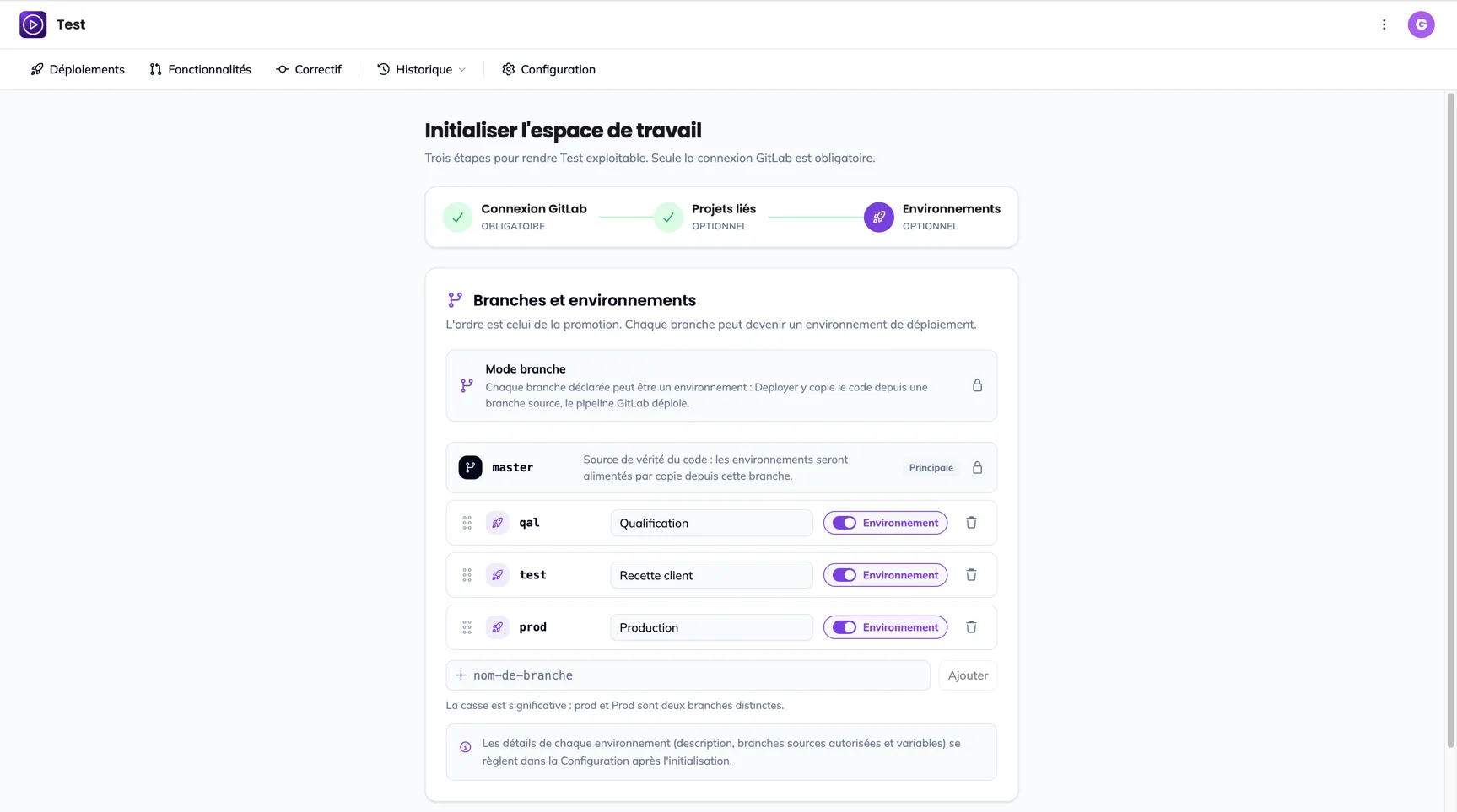 L'étape Environnements de l'assistant, avec les presets et la liste des étages