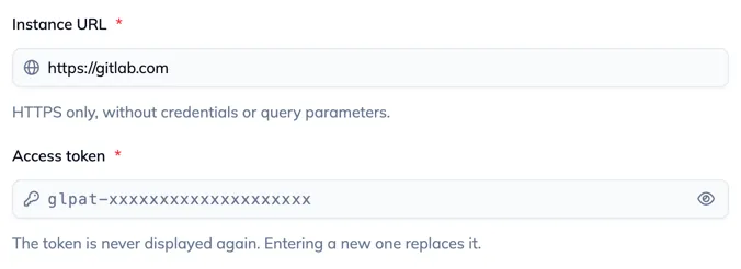 The Instance URL and Access token fields