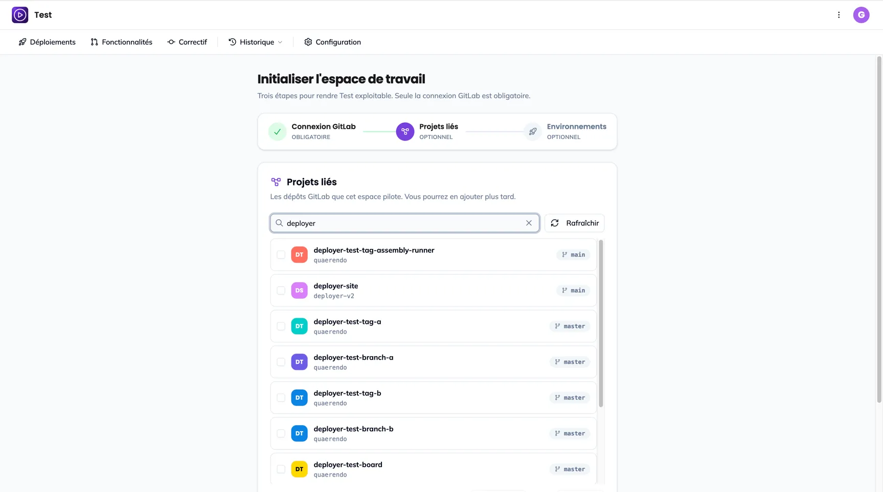 L'étape Projets liés de l'assistant : la recherche, la liste des projets GitLab avec leurs cases à cocher