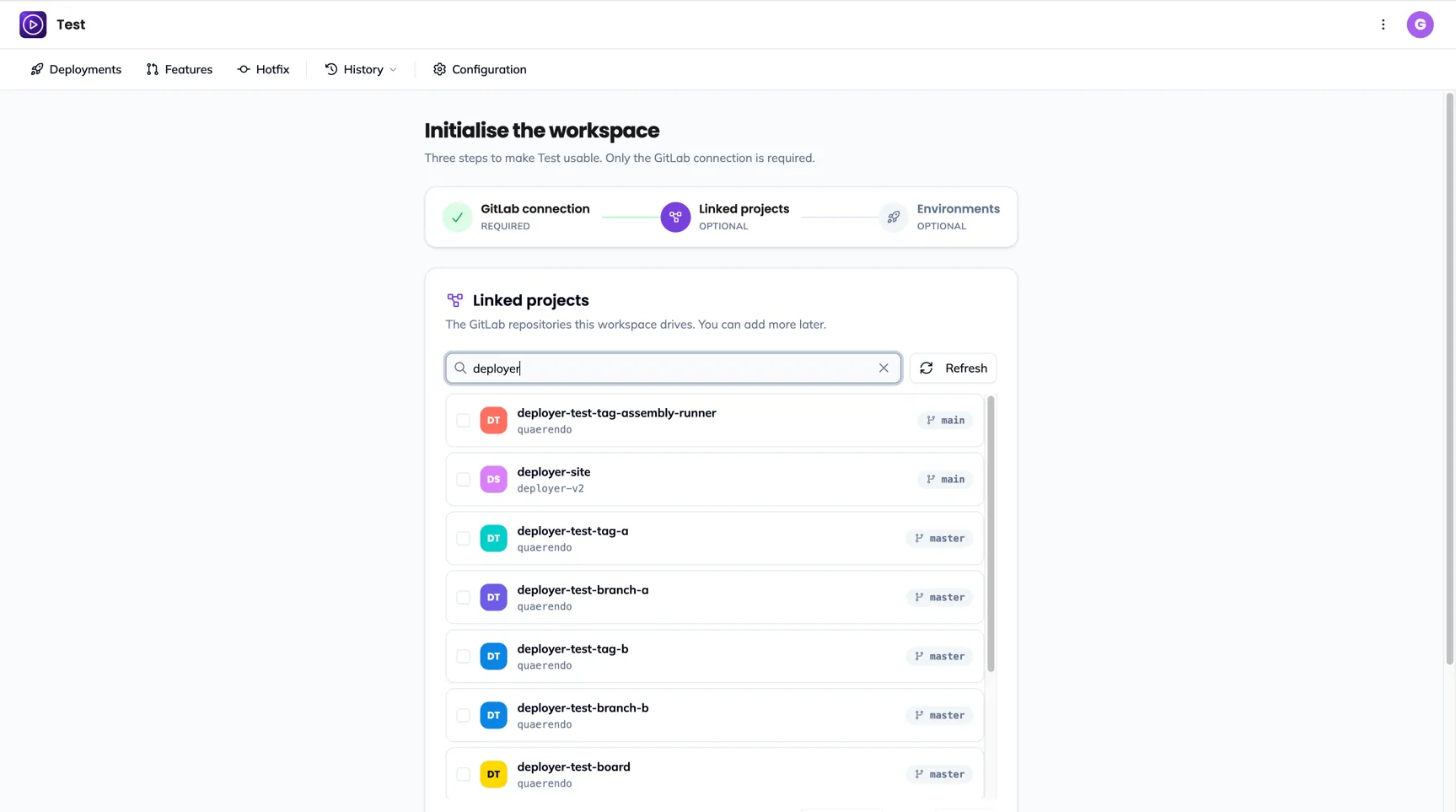 The Linked projects step of the wizard: the search, the list of GitLab projects with their checkboxes