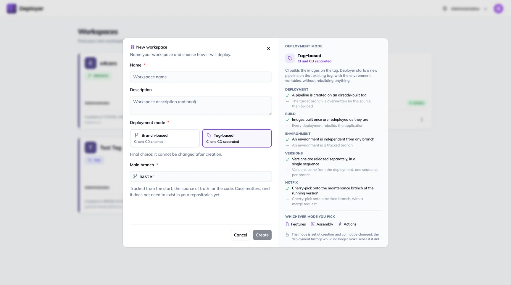 The same dialog with the Tag-based mode selected: the right panel describes the build on the tag and the separate rollout