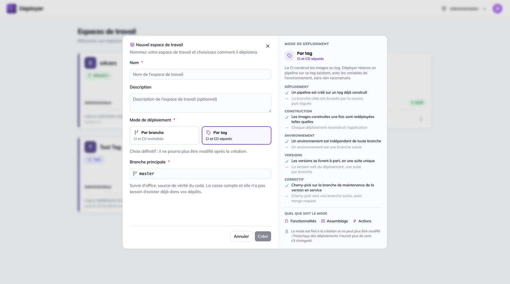 Le même dialog avec le mode Par tag sélectionné : le panneau de droite décrit la construction au tag et la mise en service séparée