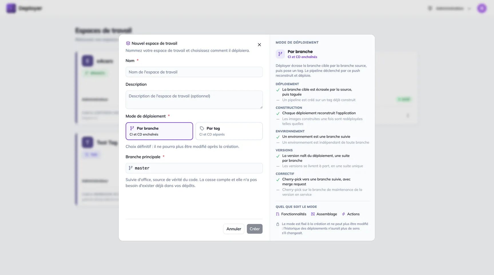Le dialog Nouvel espace de travail : le formulaire à gauche, l'explication du mode de déploiement à droite