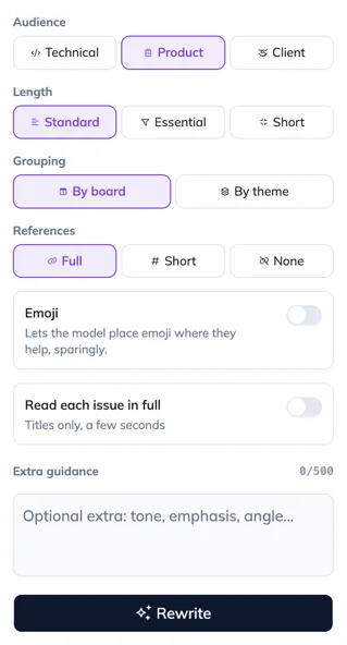 The settings line: Audience, Length, Grouping, References, the free guidance, and the Rewrite button