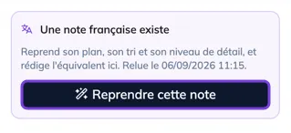 La carte Une note française existe, avec son bouton Reprendre cette note