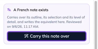 The A French note exists card, with its Carry this note over button